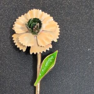Floral Enamel Brooch with Green Leaf